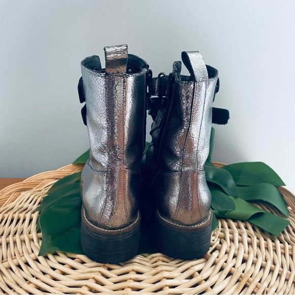 Shellys London Tyra Silver Metallic Crinkled leather Combat Boots Buckle Size 36 - Picture 6 of 16